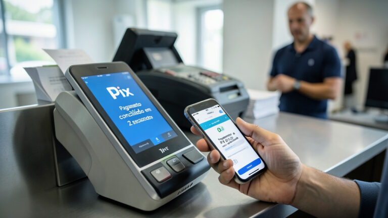 Consumidor pagando compra online com Pix em poucos segundos no celular