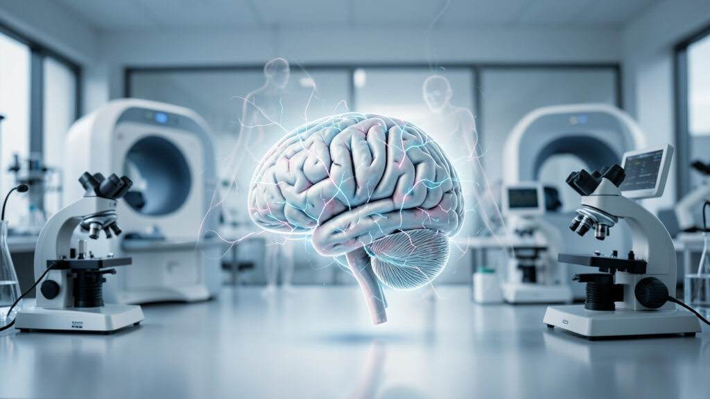 Cérebro humano e experiência consciente representados de forma científica sem afirmar uma alma visível