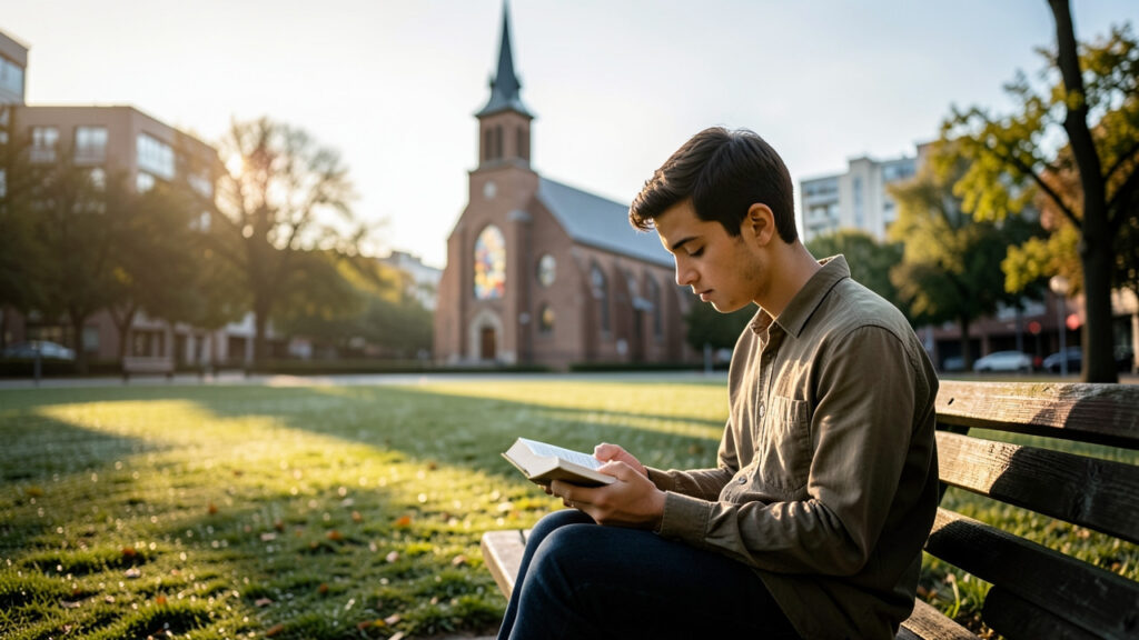 Pessoa brasileira mantendo símbolos de fé fora de uma instituição religiosa