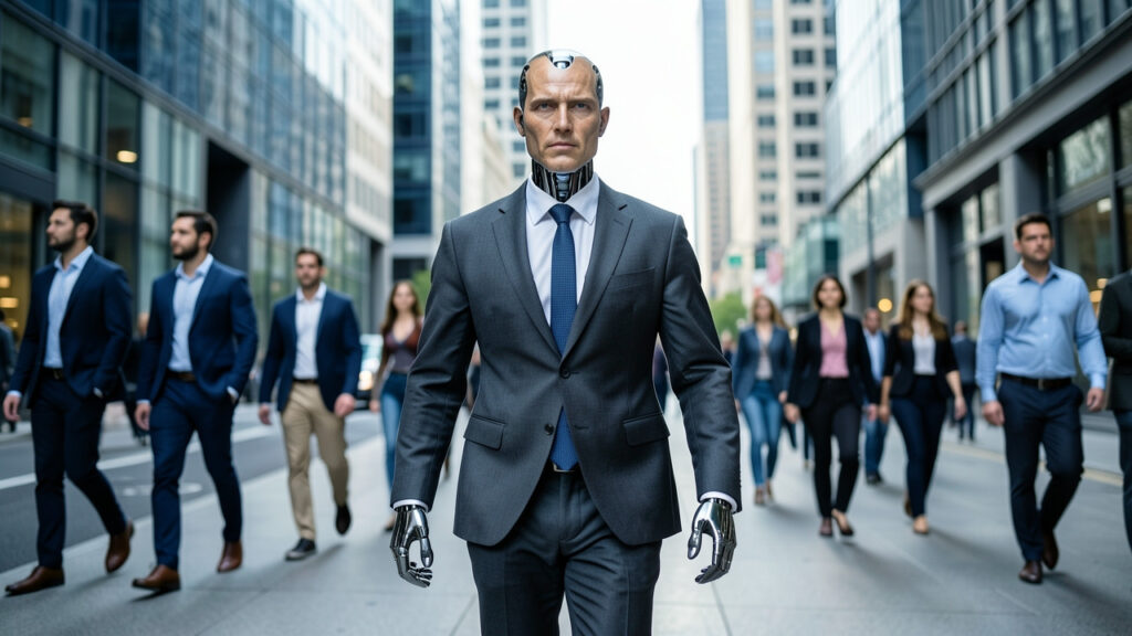 Robô humanoide trabalhando ao lado de pessoas em uma fábrica moderna