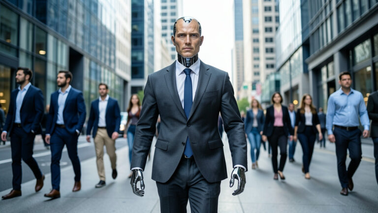 Robô humanoide trabalhando ao lado de pessoas em uma fábrica moderna