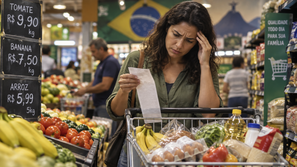 Carrinho de compras e etiquetas de preço ilustrando a sensação de mercado caro mesmo com a inflação em queda