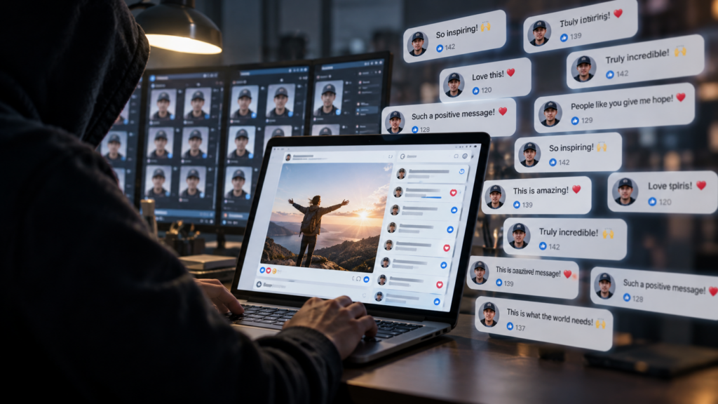 Postagens virais em redes sociais sendo coordenadas nos bastidores por uma campanha fabricada