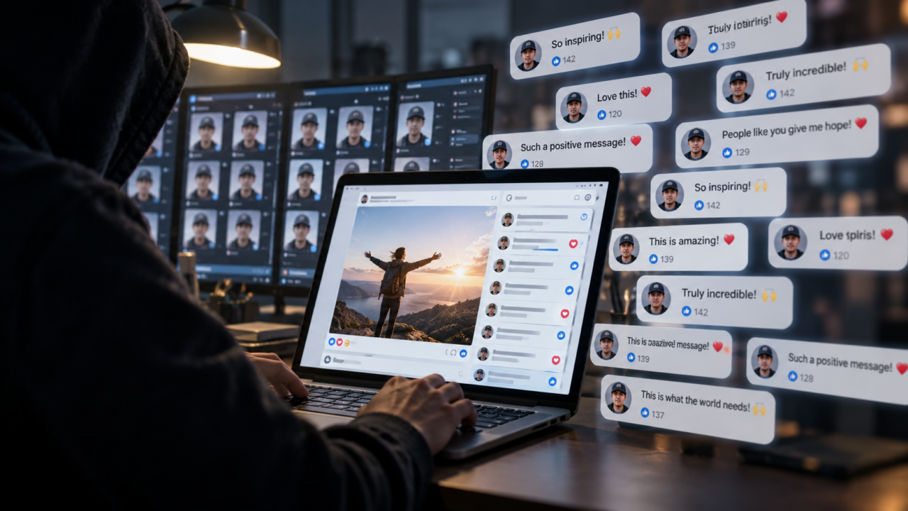 Postagens virais em redes sociais sendo coordenadas nos bastidores por uma campanha fabricada