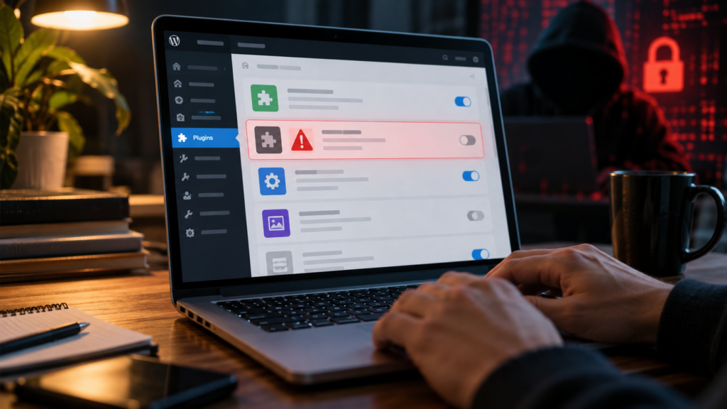 Tela do WordPress com alerta de segurança mostrando um plugin desatualizado abrindo brecha