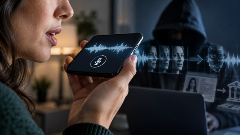 Onda sonora e smartphone representando clonagem de voz com poucos segundos de áudio