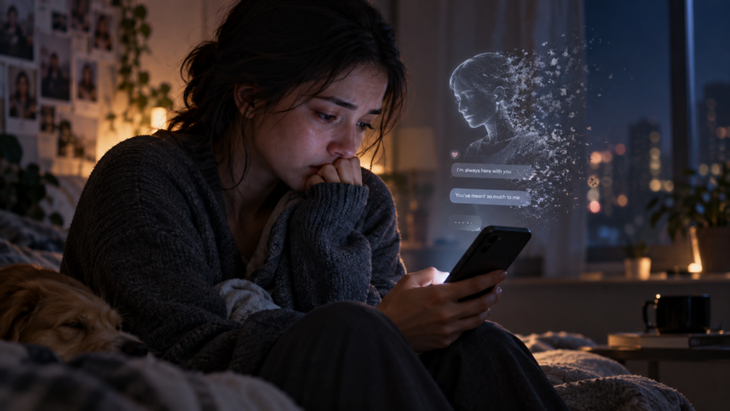 Pessoa abalada diante de um chat de inteligência artificial que mudou ou desapareceu