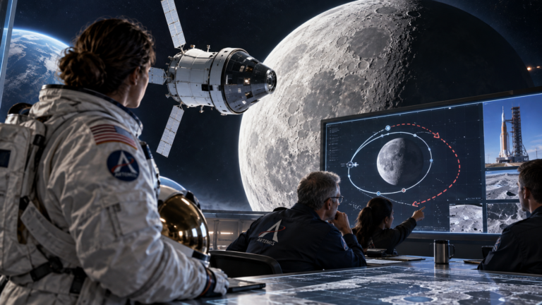 Foguete da NASA e astronautas com a Lua ao fundo após mudança de cronograma para 2028