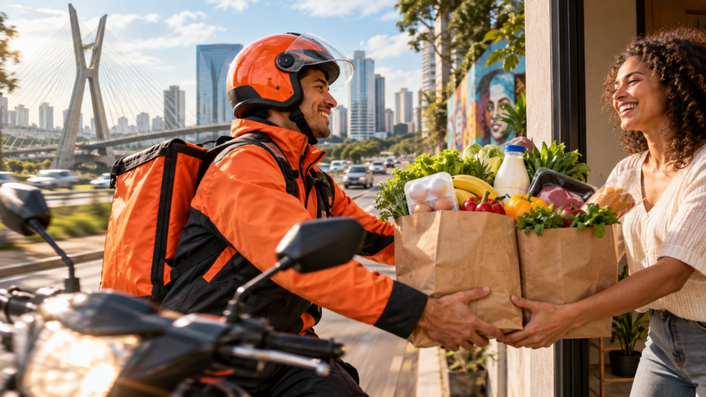 Entregador da Shopee com sacolas de alimentos frescos em serviço de entrega rápida