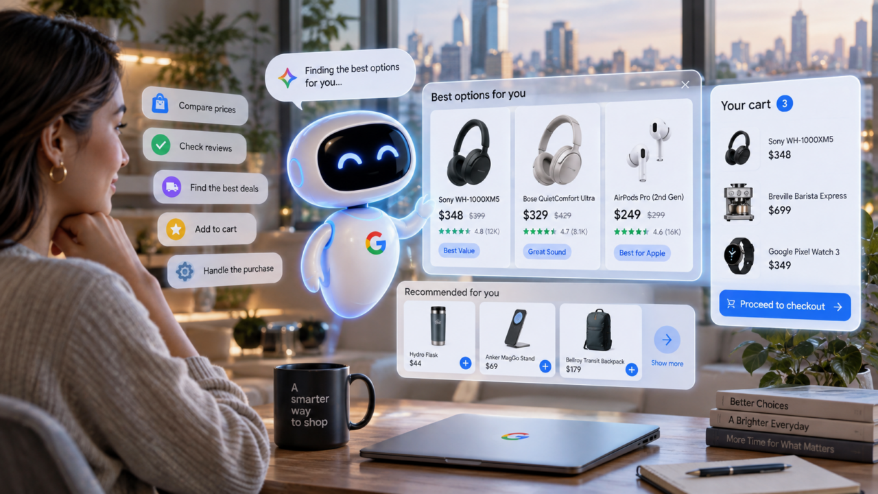 Interface de inteligência artificial realizando uma compra online em nome do usuário
