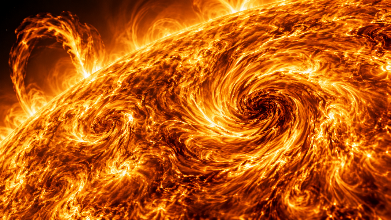 Imagem detalhada do Sol mostrando redemoinhos de plasma na superfície