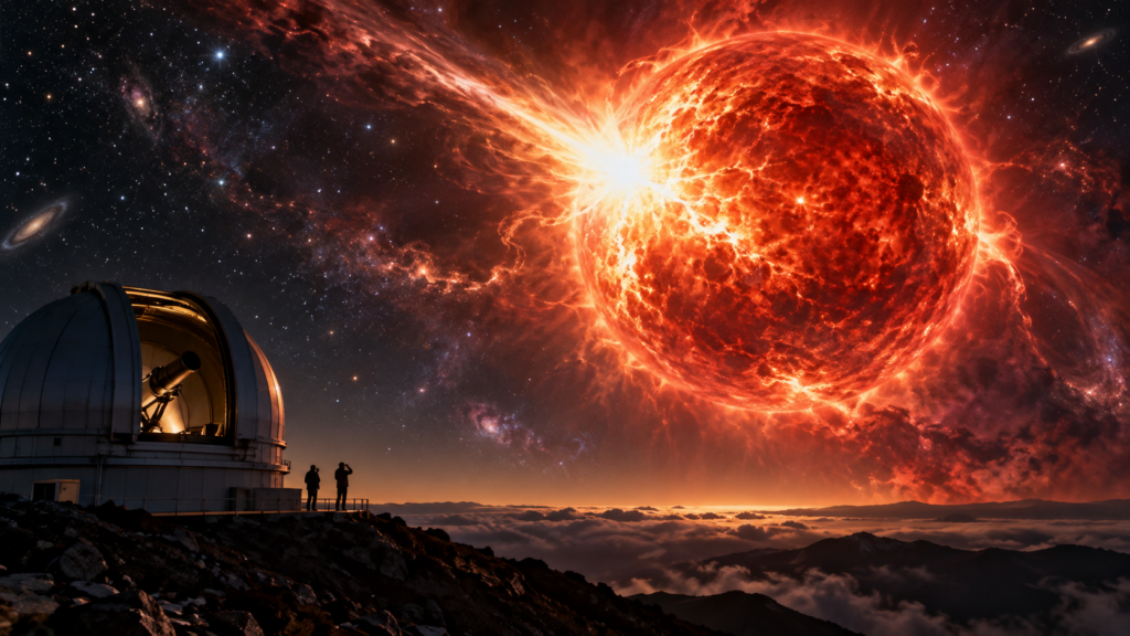 Sequência astronômica registrando o clarão e a morte de uma estrela gigante