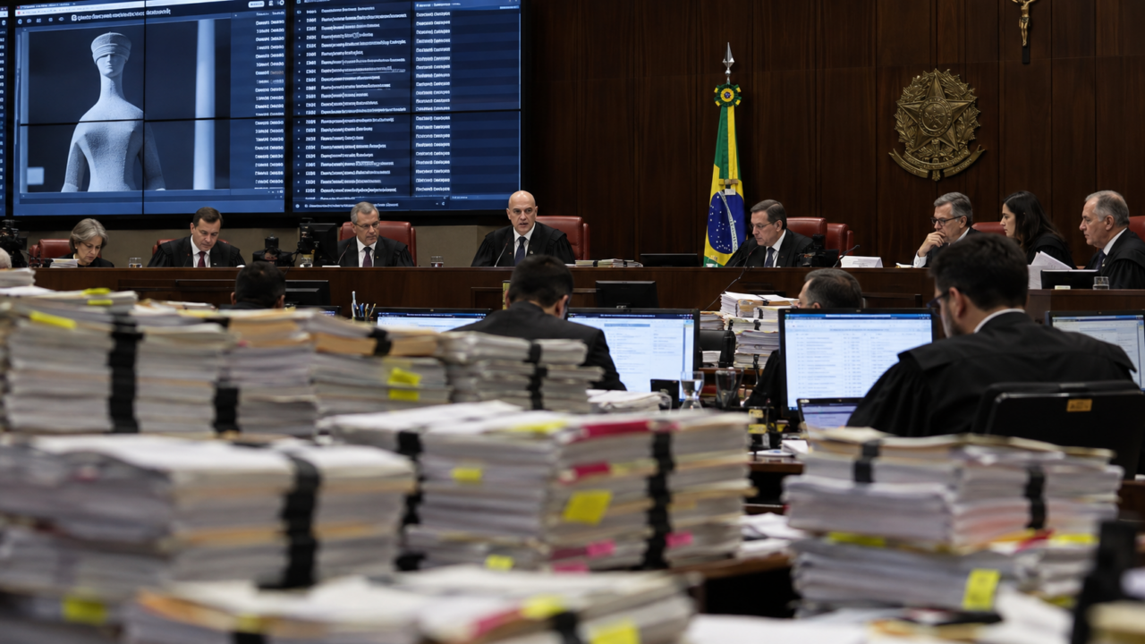 Sala de tribunal eleitoral com telas de processos e pilhas de documentos