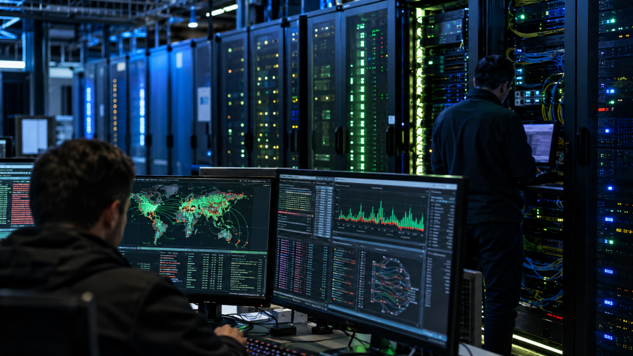 Servidores de data center com painéis de monitoramento de tráfego digital