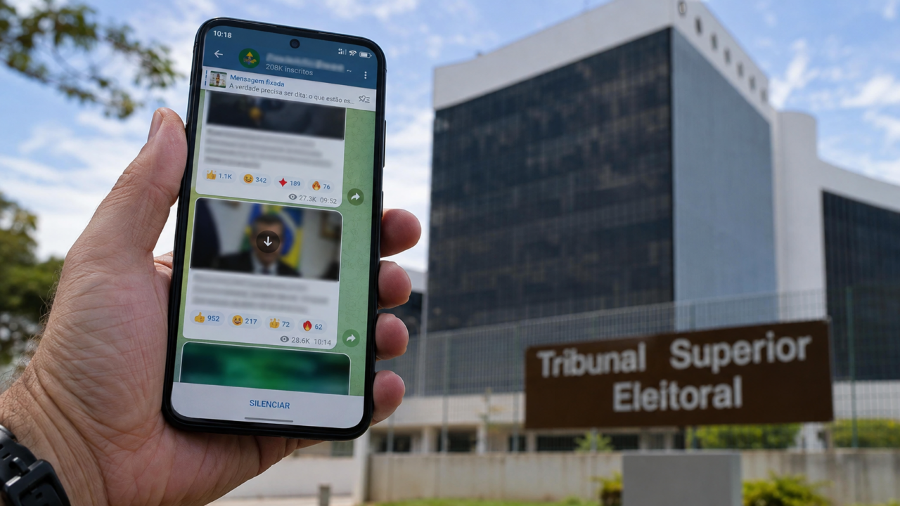 Tela de celular mostrando canal de mensagens com silhueta do edifício do TSE ao fundo