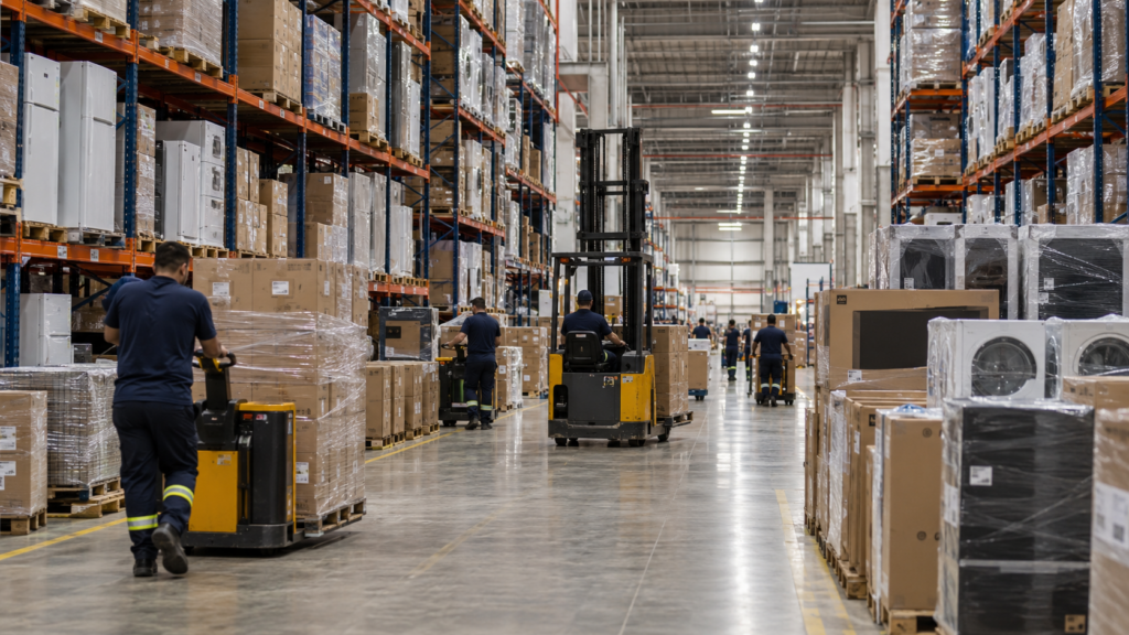 Centro de distribuição de eletrodomésticos com corredores e caixas organizadas