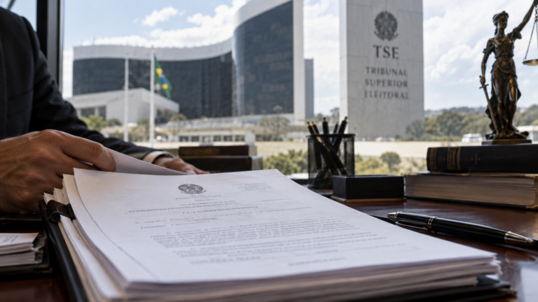 Petição judicial com selo do TSE em mesa de trabalho de advogado