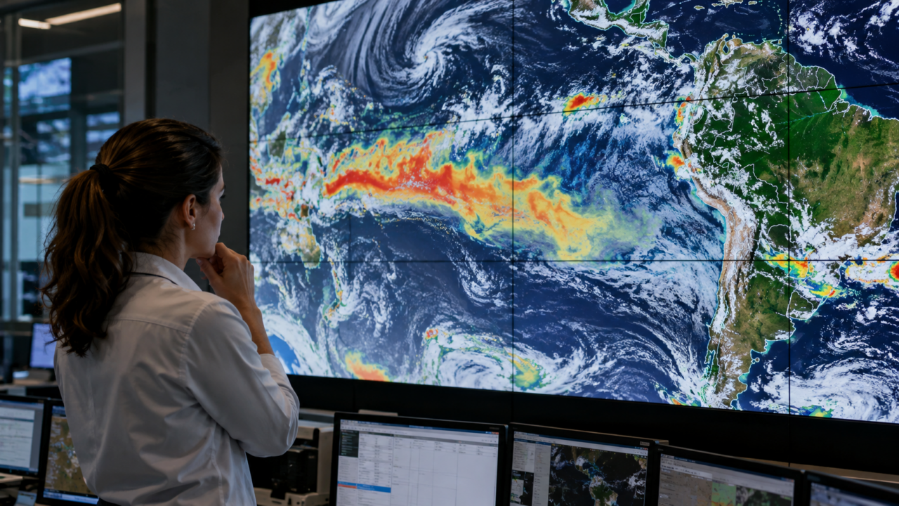 Mapa meteorológico da América do Sul com nuvens e oceano Pacífico em destaque