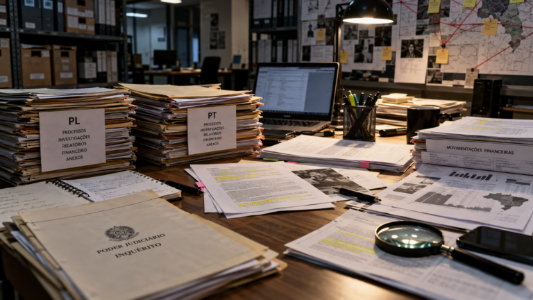 Arquivo de processos judiciais e documentos financeiros em uma mesa de pesquisa