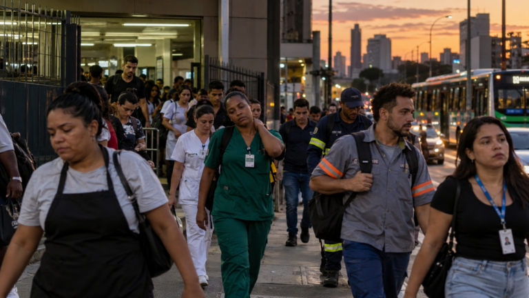 Trabalhadores de diferentes setores saindo de jornada em ambiente urbano brasileiro