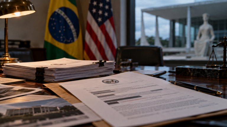 Documentos de programa de financiamento ao lado das bandeiras do Brasil e dos Estados Unidos