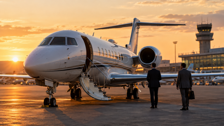 Aeronave executiva estacionada em aeroporto com terminal ao fundo