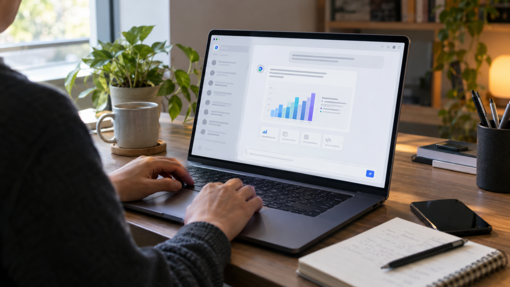 Interface de conversa de IA com gráfico e controles interativos em tela de notebook