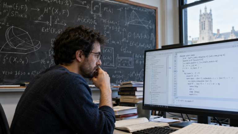 Quadro de equações matemáticas e tela de computador com verificador formal