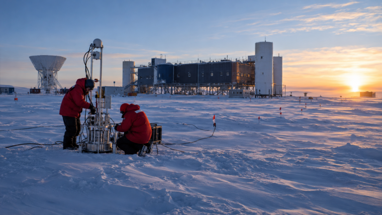 Observatório IceCube na estação polar antártica com módulos sensores no gelo