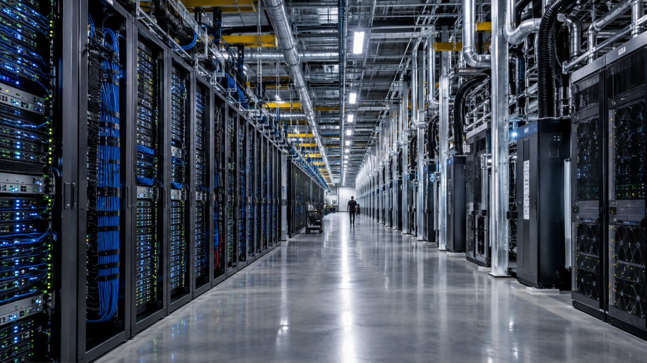 Grandes corredores de data center com servidores e cabos organizados