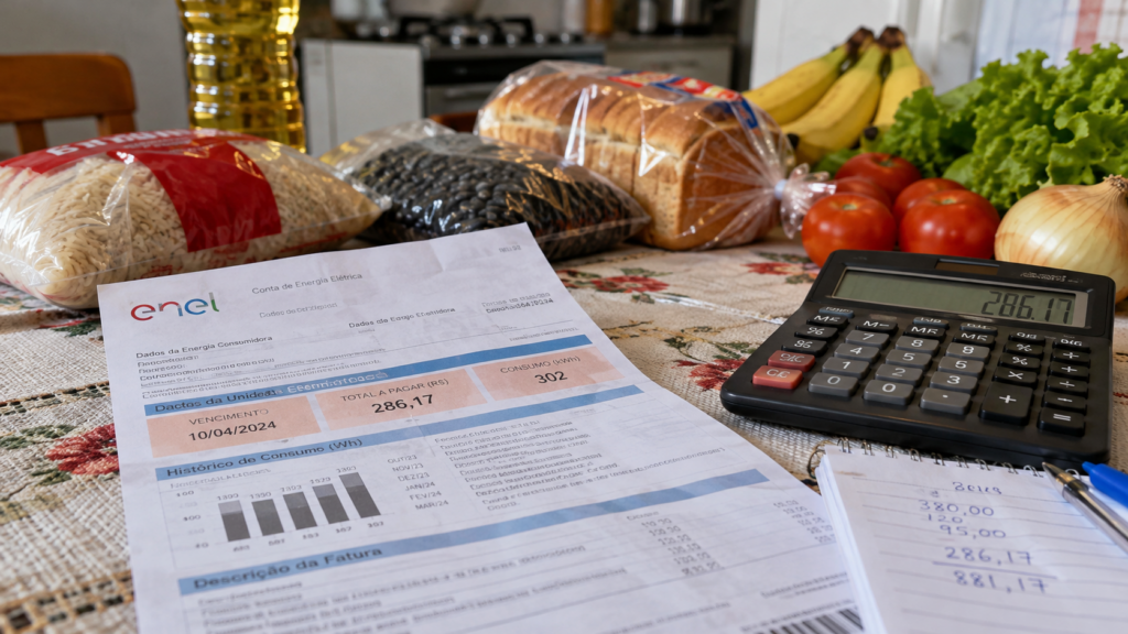 Conta de energia residencial sobre mesa com calculadora e alimentos ao fundo