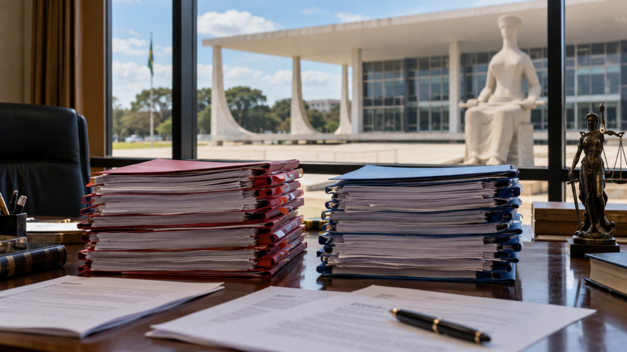 Prédios do STF e documentos processuais divididos em composição editorial sóbria