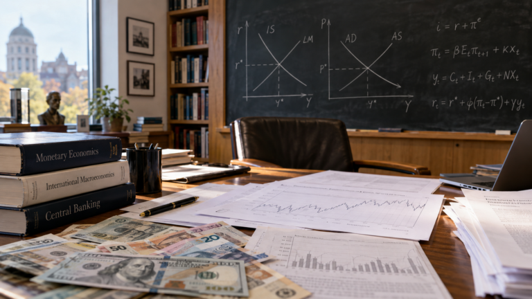 Quadro com curvas econômicas e notas monetárias em ambiente acadêmico