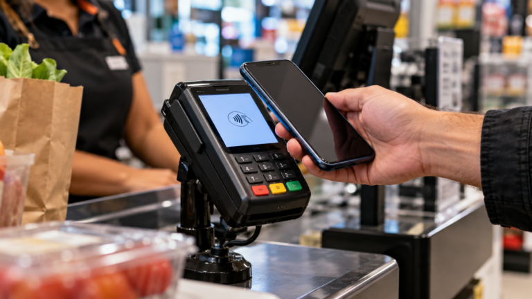 Celular aproximado de terminal de pagamento sem dados pessoais visíveis