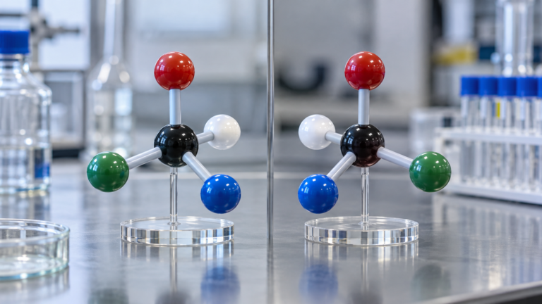 Duas moléculas tridimensionais em forma de imagens espelhadas sobre fundo neutro