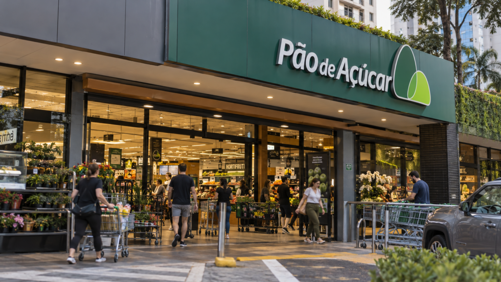 Fachada de supermercado Pão de Açúcar em dia de movimento comercial