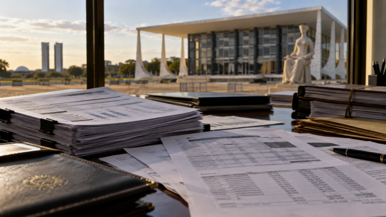 Documentos financeiros e fachada do Supremo Tribunal Federal em composição sóbria