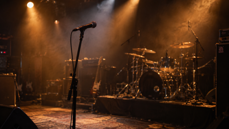 Fotografia editorial de palco vazio com microfone e iluminação de show de rock brasileiro
