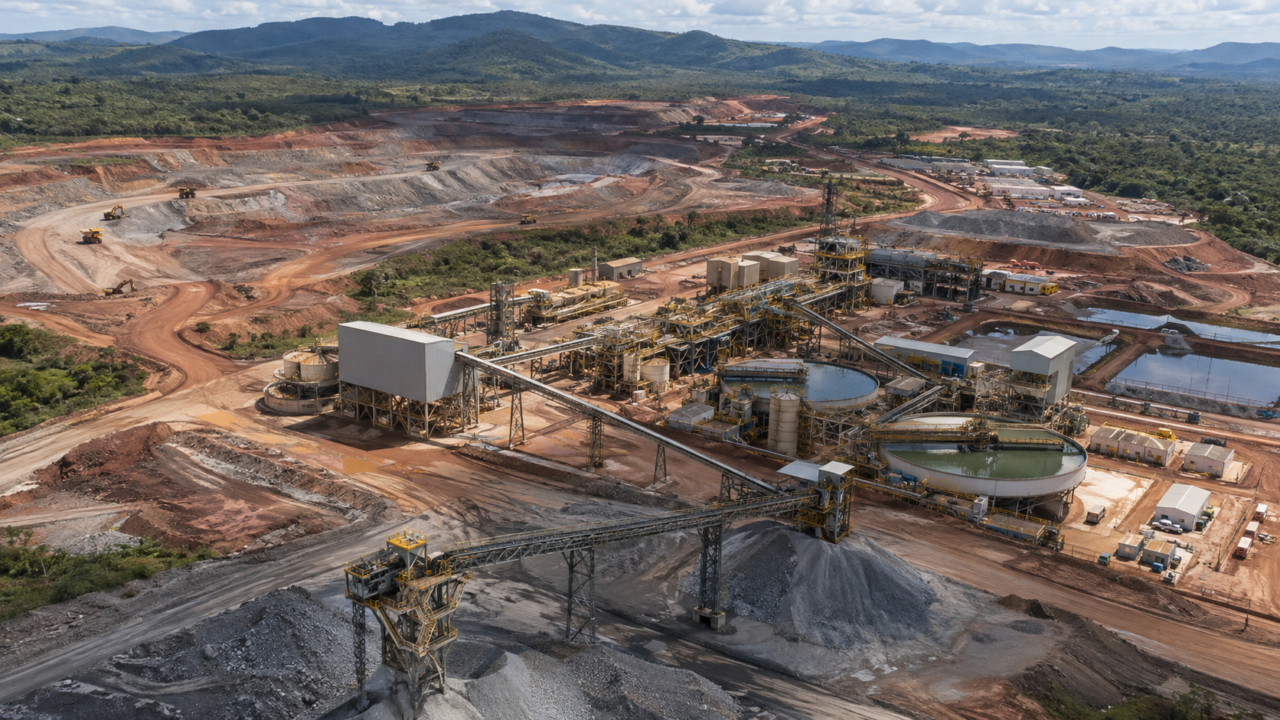 Vista aérea de mina de terras raras em Goiás com instalações industriais