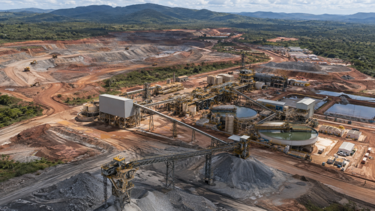 Vista aérea de mina de terras raras em Goiás com instalações industriais