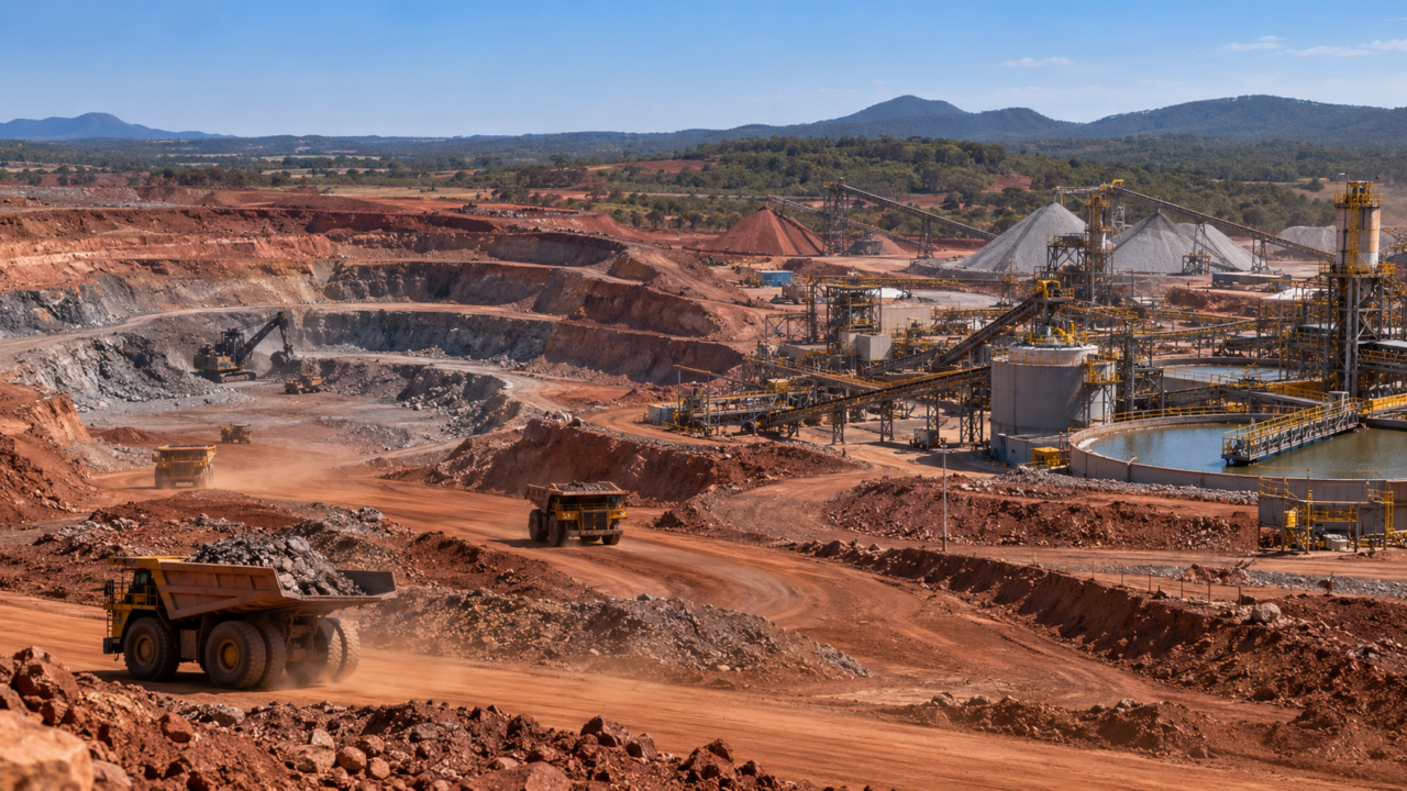 Complexo de mineração de terras raras em Goiás com instalações de beneficiamento