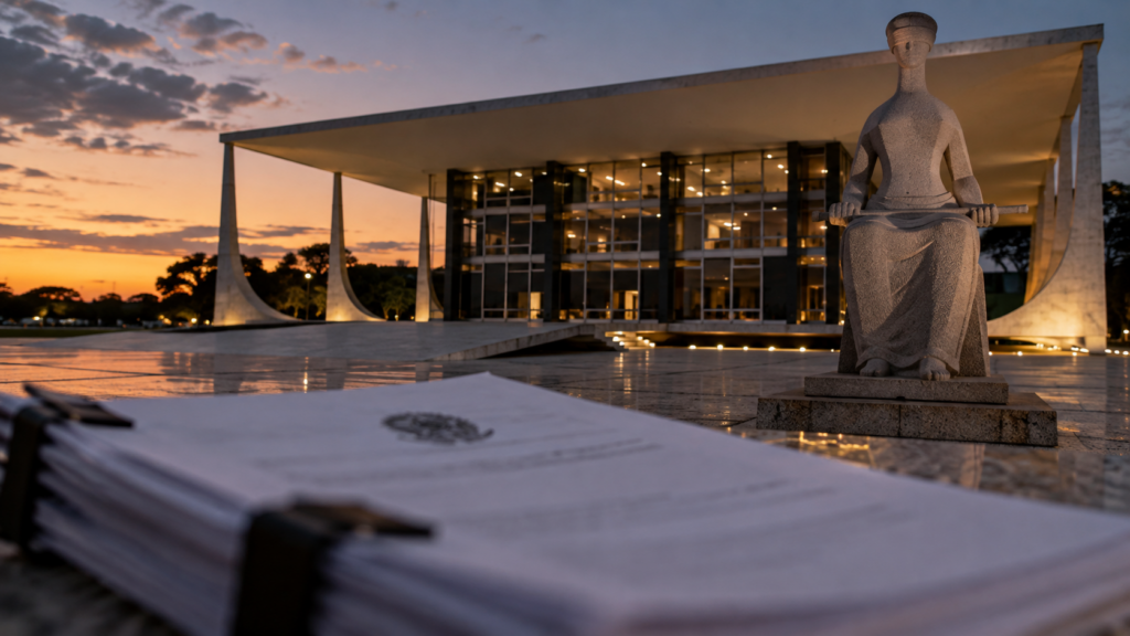 Fachada do Supremo Tribunal Federal ao entardecer com documentos judiciais em primeiro plano