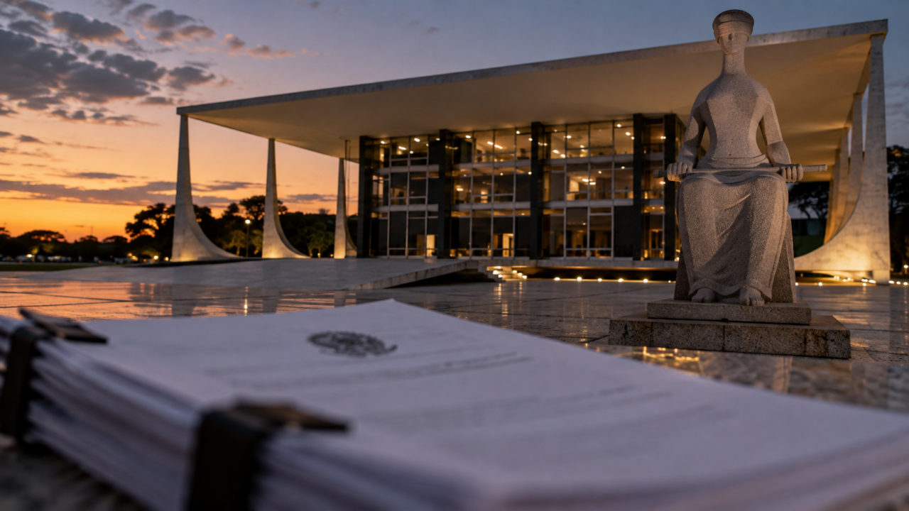 Fachada do Supremo Tribunal Federal ao entardecer com documentos judiciais em primeiro plano
