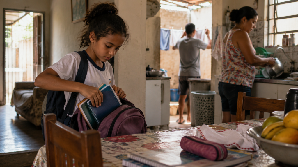 Criança guardando material escolar enquanto adultos fazem tarefas domésticas, cena cotidiana